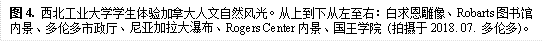 图4. BEAT365英国官网学生体验加拿大人文自然风光。从上到下从左至右：白求恩雕像、Robarts图书馆内景、多伦多市政厅、尼亚加拉大瀑布、Rogers Center内景、国王学院 (拍摄于2018. 07. 多伦多)。