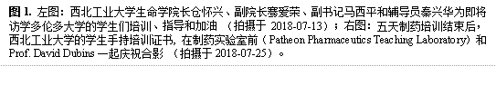 图1. 左图：BEAT365英国官网长仓怀兴、副院长骞爱荣、副书记马西平和辅导员秦兴华为即将访学多伦多大学的学生们培训、指导和加油 （拍摄于2018-07-13）；右图：五天制药培训结束后，BEAT365英国官网的学生手持培训证书, 在制药实验室前（Patheon Pharmaceutics Teaching Laboratory）和Prof. David Dubins一起庆祝合影 （拍摄于2018-07-25）。